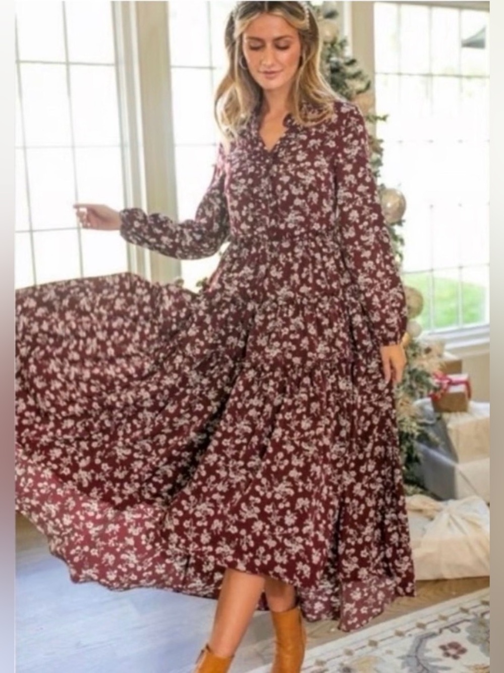 Ivy City Co Lisbeth Long Sleeve Burgundy Floral High-low Dress - Medium
